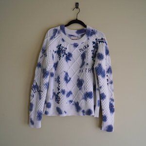Anthropologie Pilcro White and Blue Motif Cableknit Pullover Sweater, Size L